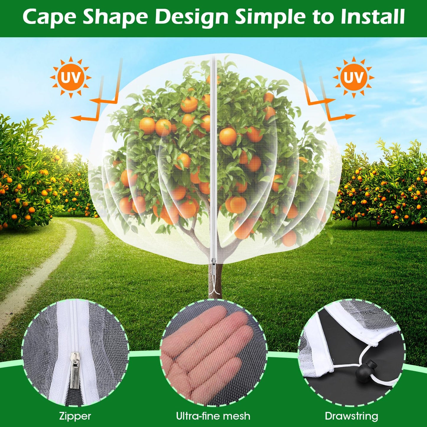 6'x6' Fruit Tree Netting Cover with Zipper and Drawstring, Ultra-Fine Mesh Garden Plant Insect Pest Net Barrier Protection Covers to Prevent Squirrel Bird Deer Cicadas Bag for Blueberry Tomato-1Pcs