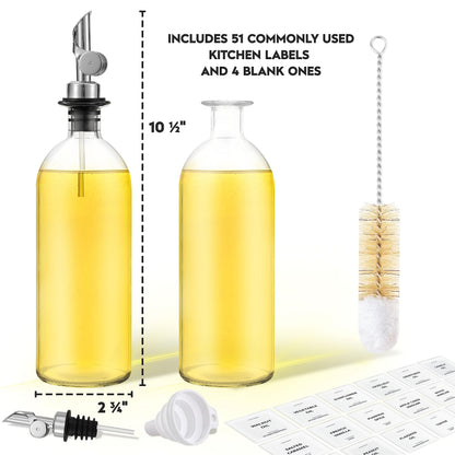 Spaceneat Oil Dispenser for Kitchen - Glass Olive Oil Bottle Set of 2 (16.9oz) with Silver Stainless Steel Weighted Self-Closing Pourer - Cooking Oil Dispenser with 66 Labels, Aligner & Funnel