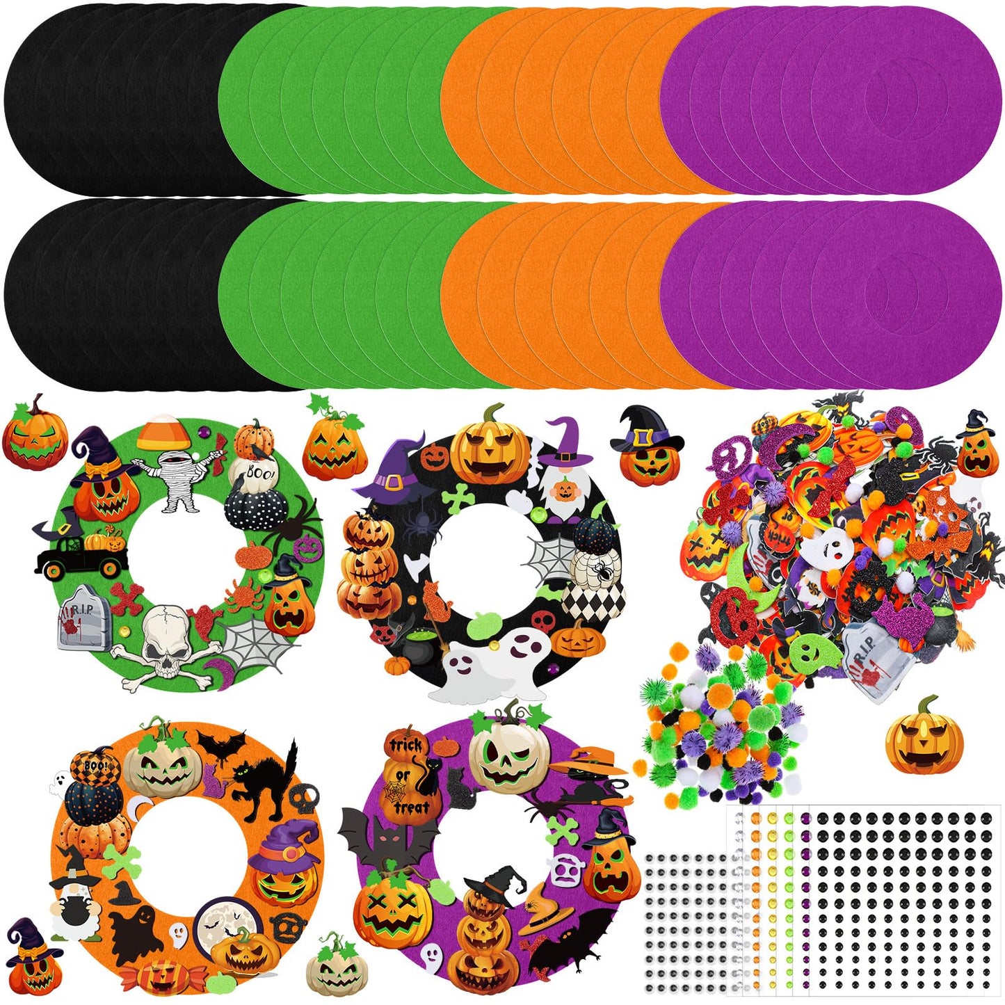 Moucuny 470 Pcs Halloween Craft Kits DIY Wreath Craft Kit Halloween Wreath Decorations with Ghost Witch Bats Pumpkin Cat Stickers Home Indoor Party Favors