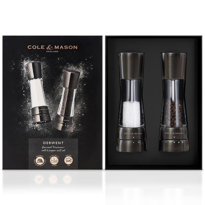 Cole & Mason Derwent Salt and Pepper Grinder Set - Refillable Salt & Pepper Grinder Set with Gourmet Precision Mechanisms - Kitchen Accessories for Cooking - Gift Set, Iron Grey