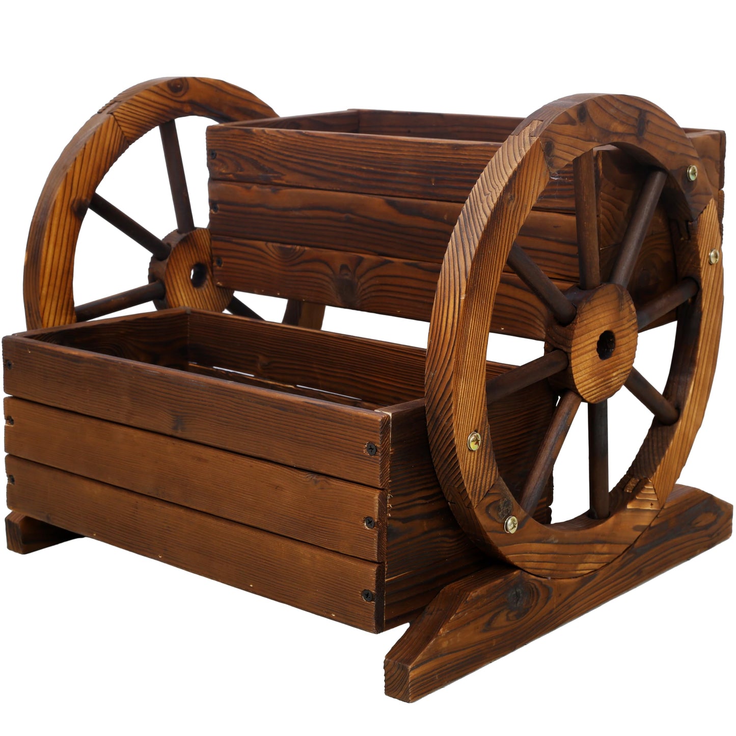 Wooden Wagon Planter Box, Garden Planter with Wheels, Decorative Planter Raised Garden Bed for Flowers Herbs Vegetables, Wooden Flower Cart with Wheels for Indoor Outdoor Home Decor
