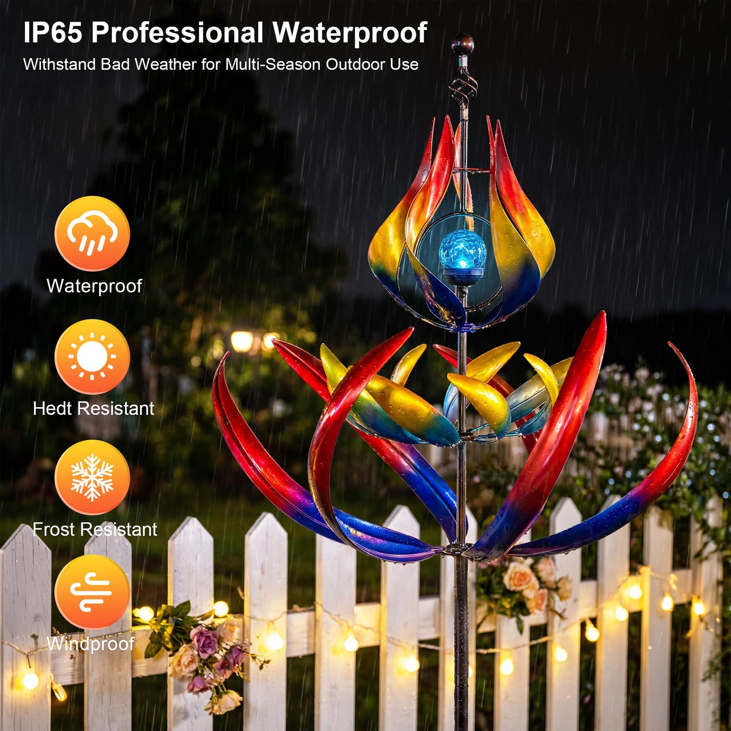 106" Solar Wind Spinners Outdoor Large Metal - Kinetic Wind Sculptures with Crackle Glass LED Globe, Heavy Duty Garden Decor for Outside Lawn Patio, Stable Stake Windmill Yard Art Gifts