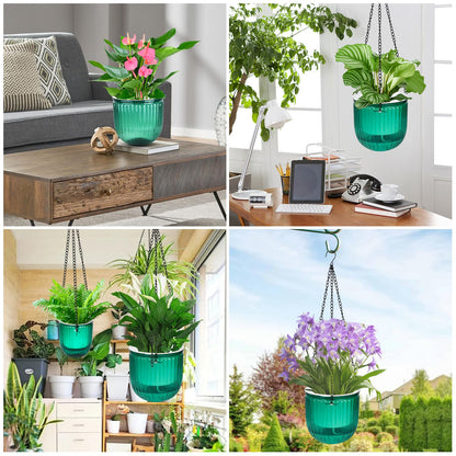 Boocalny 4Pcs Self Watering Hanging Planter, 6.5'' 4.5'' Hanging Plant Pots with Drainage Holes,Plastic Hanging Plant Flower Pots Baskets,Visible Hanging Planters for Indoor Plant Garden Home(Emerald)