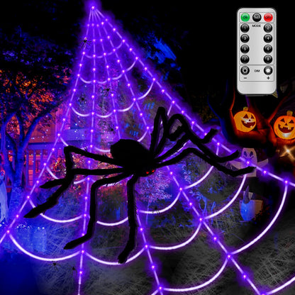 Spider Webs Halloween Decorations Lights - 250 LEDs 16.4Ft Outdoor Battery Operated String Purple Halloween Lights with 8 Modes Remote Control Spiderweb,47" Large Spider,Waterproof (Purple)