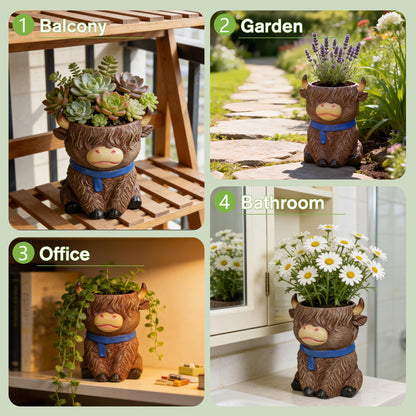 ASDFG Cute Highland Cow Planter Pot - Resin Succulent Pot with Drainage, Aesthetic Scottish Cow Flower Pot for Boho Home Decor, Desk, Patio | Unique Cow Gifts for Women, Mom, Plant Lovers (Brown)