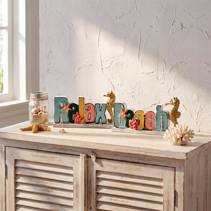 Novabright 2 Pcs Resin Beach Relax Sign, 3.9" Beach Decorations for Home with Seahorse Starfish Coastal Tabletop Figurines for Bathroom Desk Shelf Ocean Theme Home Decoration