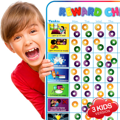 Large Magnetic Reward Chart for Multiple Kids (1-3 Kids) - 127 Pre-Written Stickers (Including Potty Training) + 30 Custom Chores - Behavior, Responsibility & Incentive Star Chart for Your Fridge