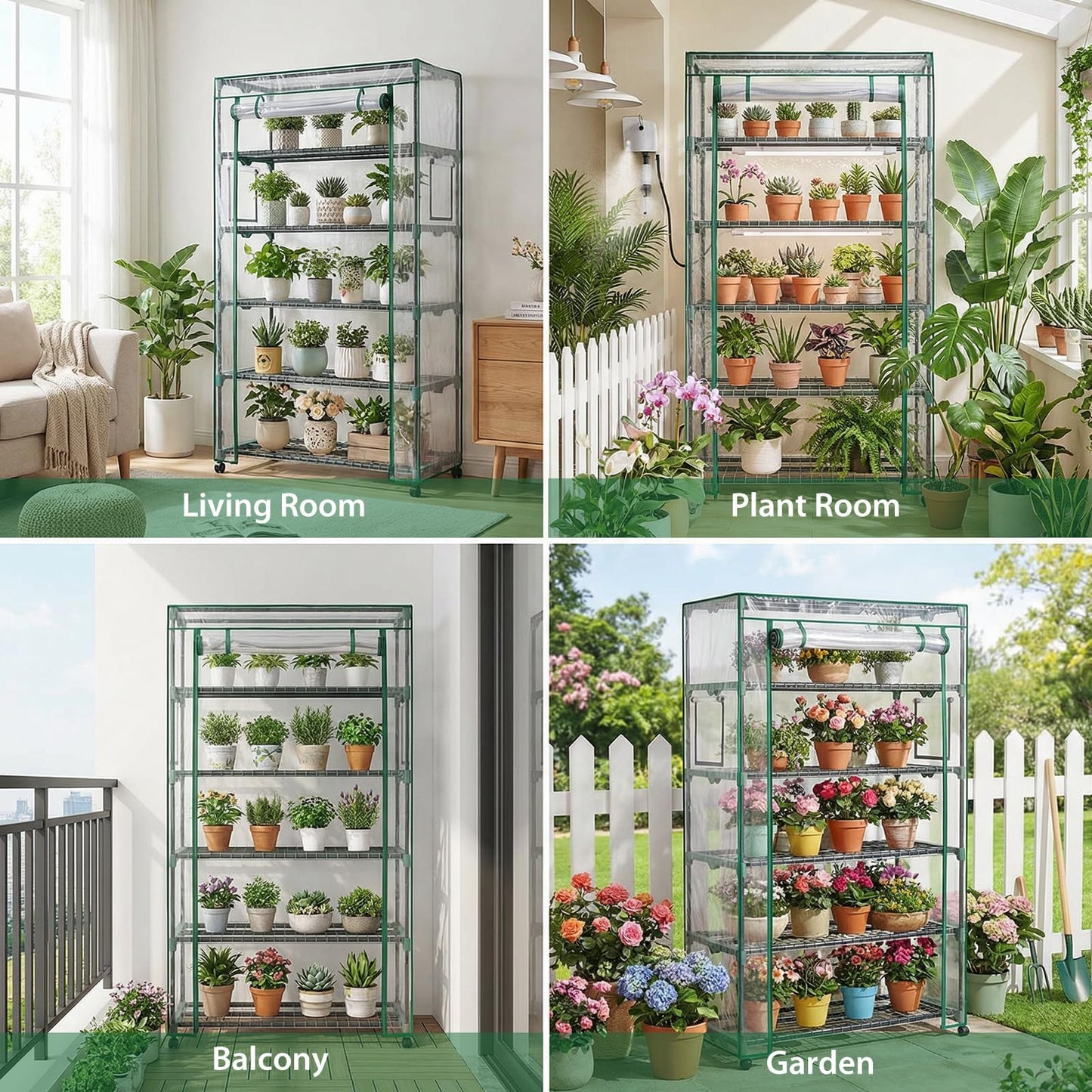 Indoor Greenhouse with Grow Lights & Wheels, 5 Tier Wire Shelf PVC Tent Portable Mini Green House Cabinet Kit for Plant Seed Starting Mushroom Grow (Upgraded)