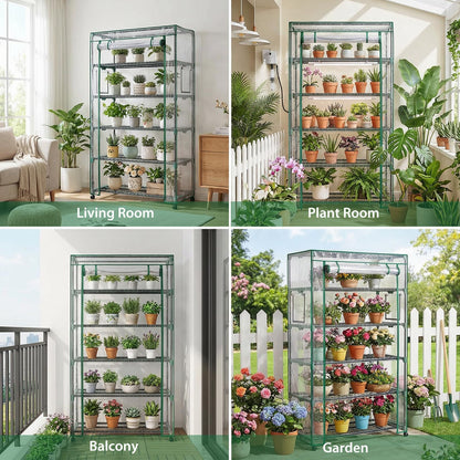 Indoor Greenhouse with Grow Lights & Wheels, 5 Tier Wire Shelf PVC Tent Portable Mini Green House Cabinet Kit for Plant Seed Starting Mushroom Grow (Upgraded)