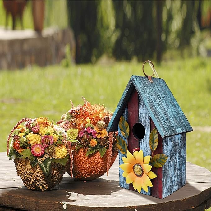 Morning View Wooden Bird Houses for Outside Decorative Hanging Nest Box Birdhouse Spring for Outdoor Small Birds Bluebird Finch Cardinals Wren Garden Yard 9.37 Inch Tall (Blue)