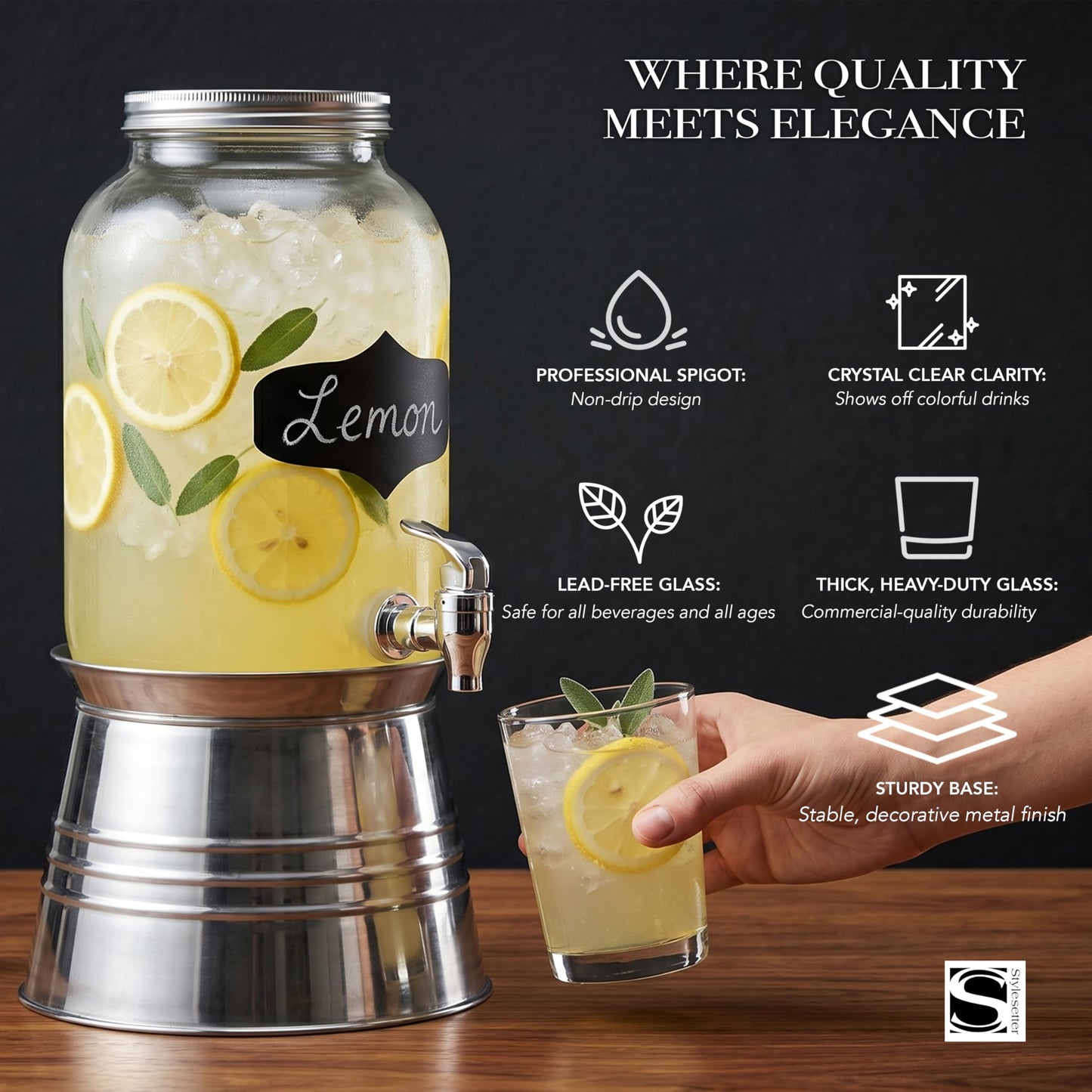 Style Setter Bristol Beverage Dispenser with Blackboard and Ice Bucket Stand Cold Drink Wine Juice with 1 Gallon Capacity Glass Jug and Leak-Proof Acrylic Spigot Great for Parties, Weddings and More