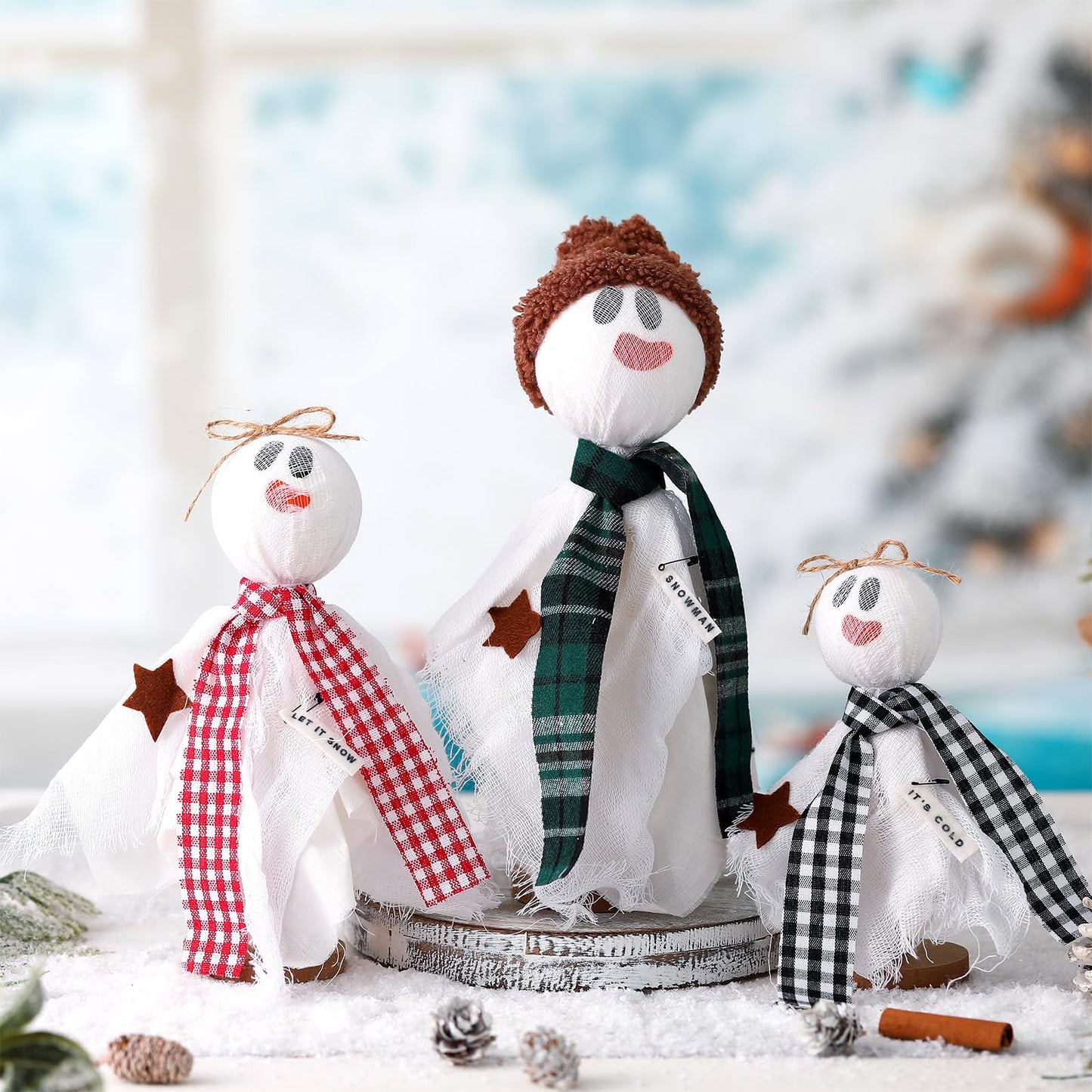 SmoothNovelty 3 Pcs Christmas Snowman Decoration Let It Snow Snowman Ghost Table Centerpiece Winter Snow Man Figurine Wooden Tabletop Decor for Xmas Home Party Favor Gift