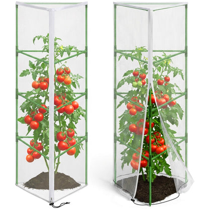 2 Pcs Garden Bird Netting for Triangle Plant Cage, 59" x 20" x 20" Tomato Cage Garden Net Cover with Zipper, Tomato Trellis Insect Bird Barrier Protection Mesh for Vertical Climbing Plant Vegetable