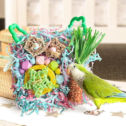 Parakeet Toys, Bird Toy Conure Grass Mat Budgie Shredder Hanging Set Cockatiel Foraging Toys Parrot Climbing Wall Toy Lovebird Cage Accessories for Small Birds