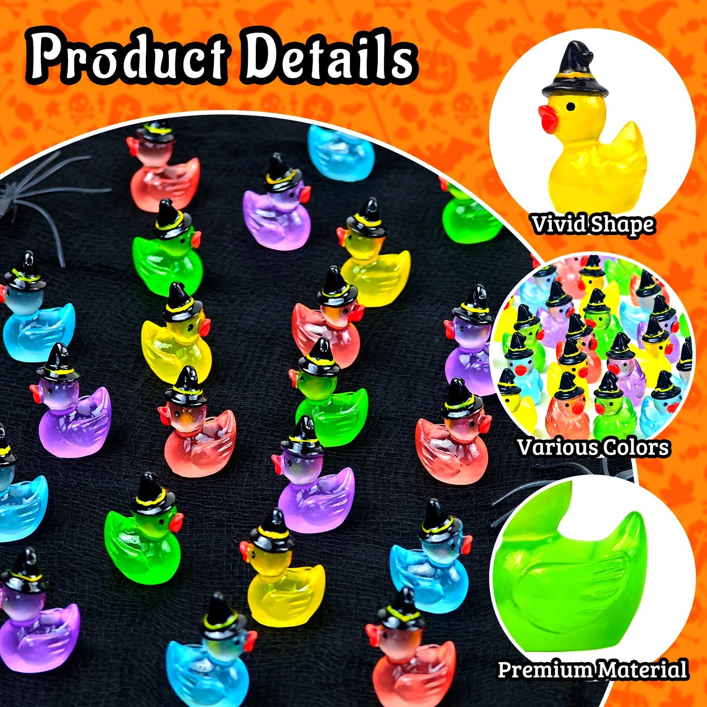 Feivando 50 Pcs Halloween Luminous Mini Resin Ducks Glow in The Dark Tiny Little Duck Figures with Witch Hat Miniature Figurines for Halloween Crafts Micro Landscape Fairy Garden Party Decor