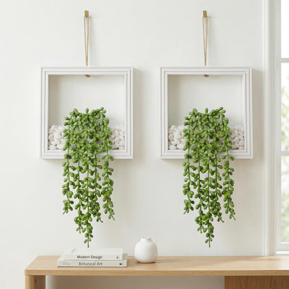 FancyPlus 2 Pack Fake Plants Hanging, Artificial Succulents Plants in Square Wooden Frame with LED Lights, Boho Wall Decor for Office Living Room Bathroom Bedroom Kitchen Indoor Outdoor, White