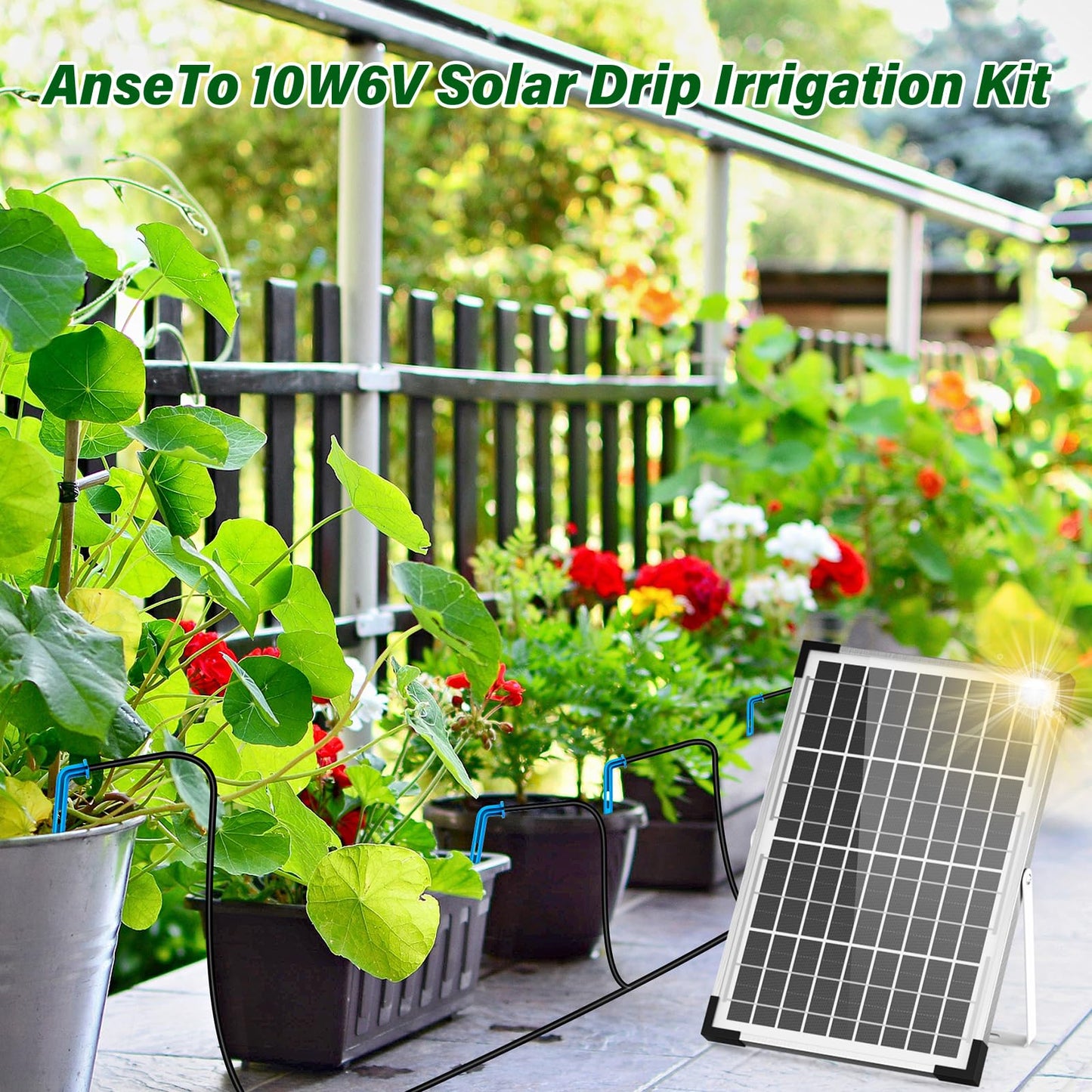 AnseTo Solar Irrigation System 10W for Automatic Plants Watering, Summer Garden Drip Irrigation Kit for Solar Garden Drip Irrigation System,Supported Irrigation System Kit for Plant Bed,Green House