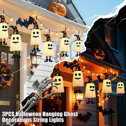 3 Packs Halloween Decorations Outdoor, Hanging Ghosts String Lights Halloween Decor, Spooky Cute Glowing Ghost Witch Hat Lights 3 Modes for Patio Yard Front Porch Tree House Party(18 Batteries)