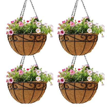 Qusuxi 4 Pack 10 Inch Hanging Baskets for Plants Outdoor Metal Hanging Planter Hanging Flower Baskets with Coco Fiber Liners Chain Round Wire Plant Holder Hangings Flower Pots(Plaid)
