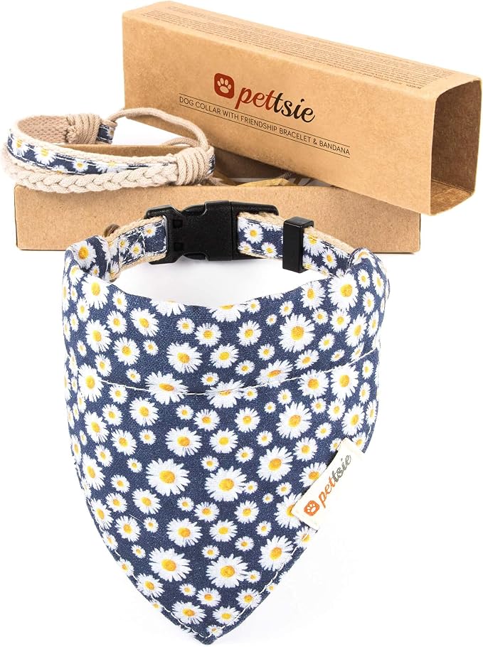 Pettsie Hemp Dog Bandana Collar & Matching Owner Friendship Bracelet | Adjustable, Durable Hemp, Soft & Comfortable, Secure D-Ring, Matching Friendship Bracelet, Blue
