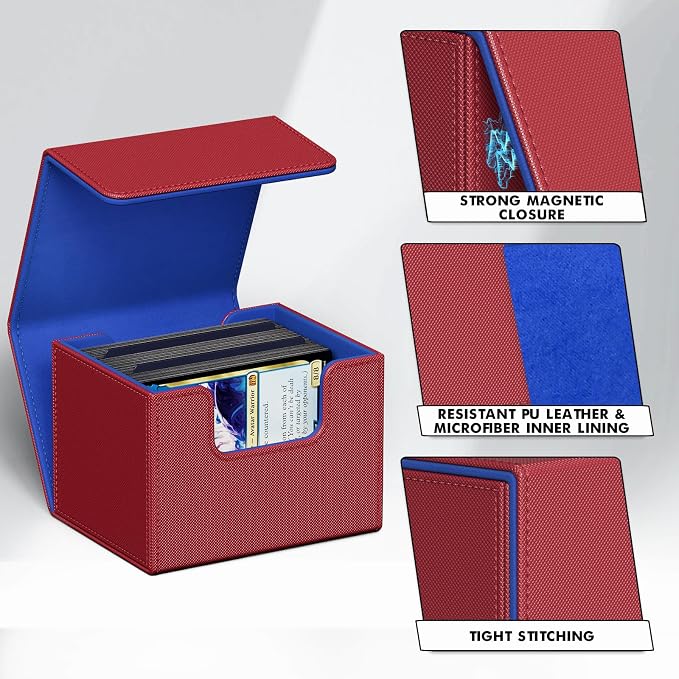ZLCA Card Deck Box for Trading Cards, MTG Commander Deck Box Holds 120+ Single Sleeved Cards, Leather Magnetic Card Storage Box Fits for TCG CCG Magic Cards (Red&Blue)