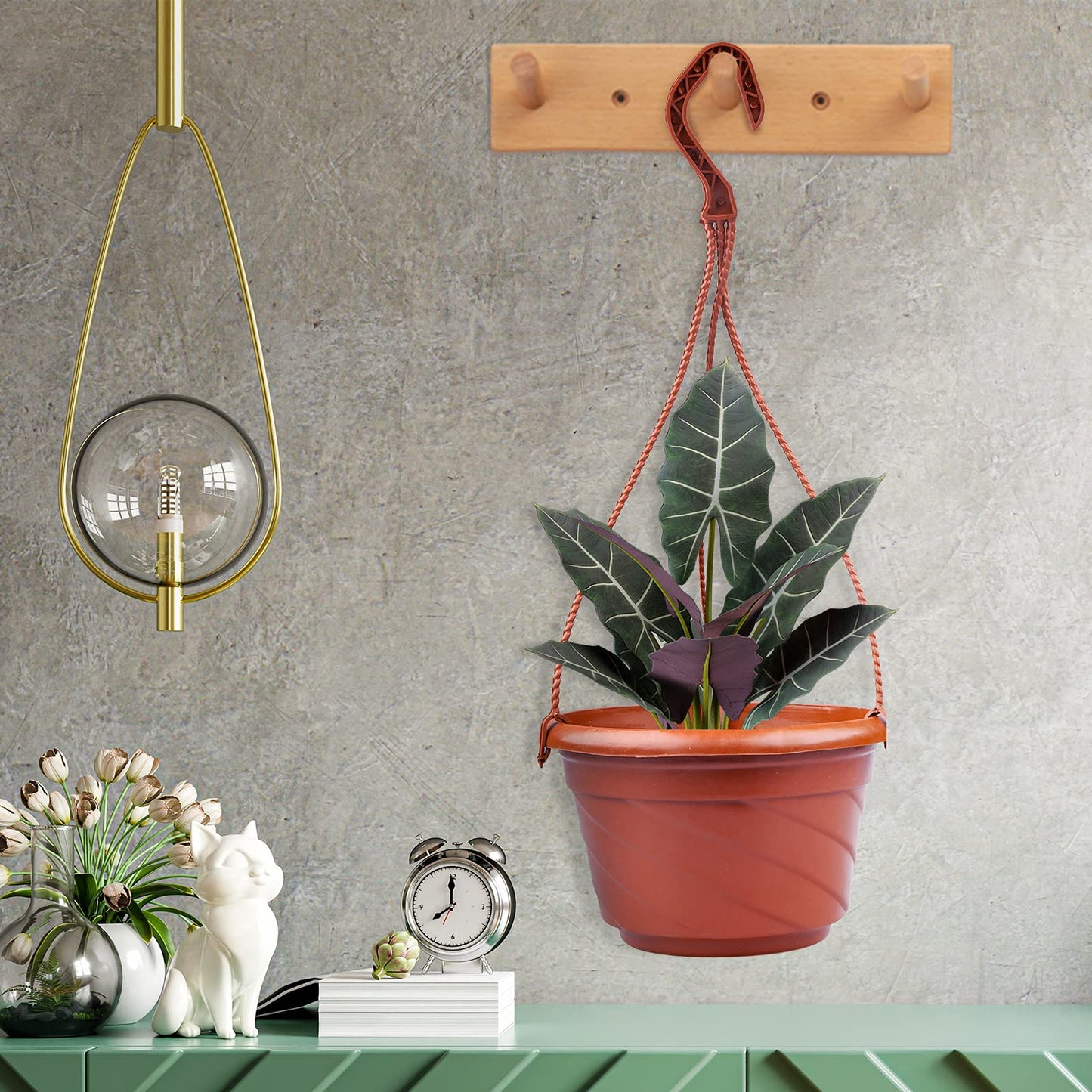 VIDELLY 4 Pieces Plastic Hanging Planters, 5.9 in Dia x 3.54 in H, Flower Plant Basket Pots Chain Holder Garden Decoration for Indoor and Outdoor Use, Beige White & Red