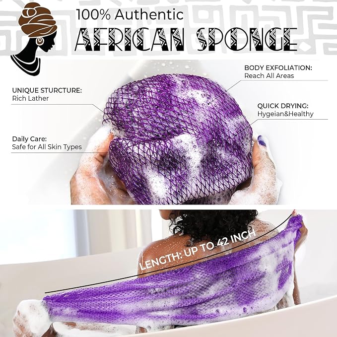 African Net Sponge Authentic - 2 Pieces Exfoliating Body Scrubber Bath Sponge - Back Scrubber Washcloth for Shower White&Purple - Real African Scrub Exfoliator Body Care Bathing Accessorie