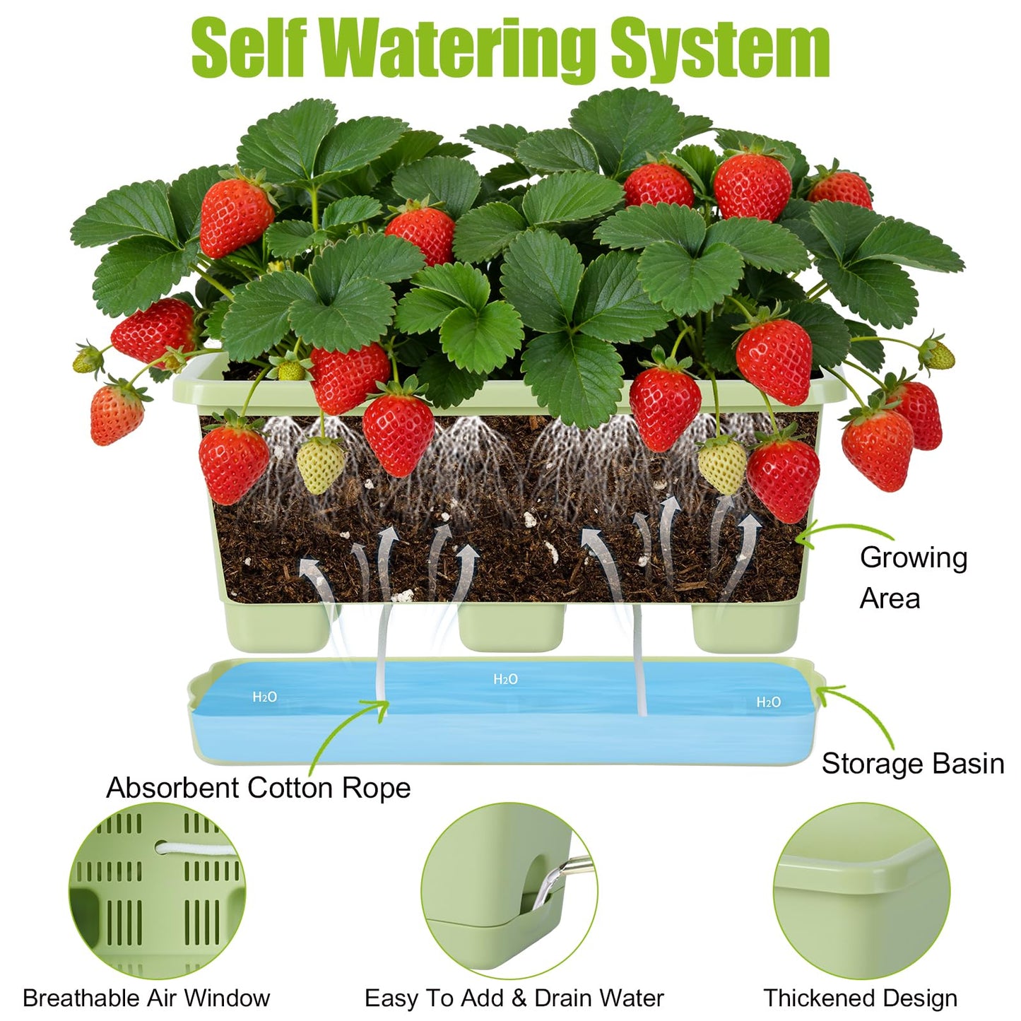 Oliz Window Box Planter 6 Packs, 13.8 Inches Rectangle Flower Pots with Drainage Holes & Trays, Pots for Vegetables, Herbs, Flowers, Garden Windowsill Balcony (Green)