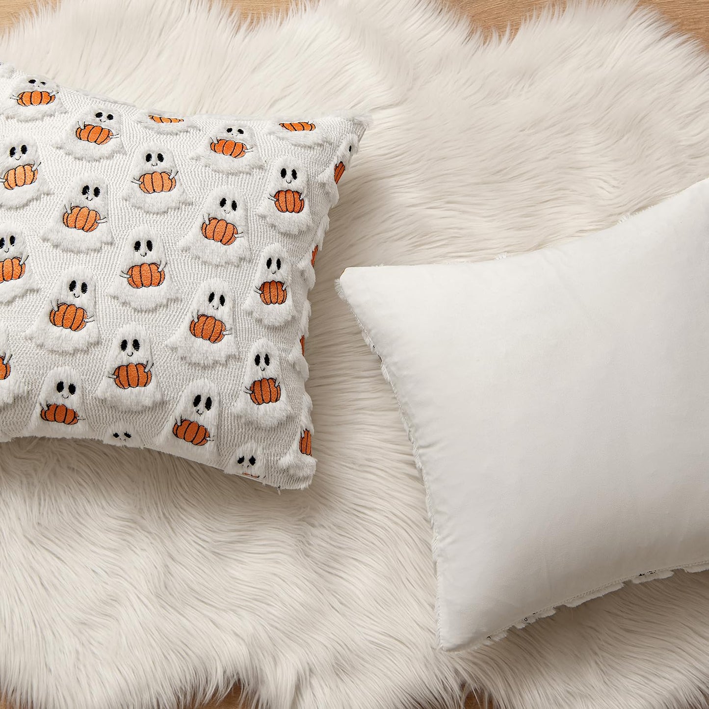 MIULEE Halloween Pillow Covers Decorative Fall Cute Ghost Plush Faux Fur Pillows 18x18 Inch Set of 2 Soft Pumpkin Accents for Sofa Couch Bed Living Room Festive Home Decor, White Bright Orange