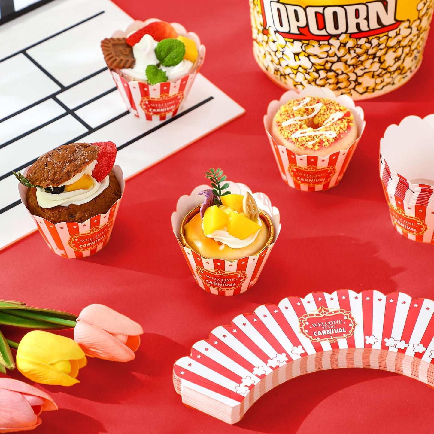 Epakh 100 Pcs Carnival Cupcake Wrappers Red White Striped Baking Cups Wrapper Circus Supplies Popcorn Decorations for Movie Night Carnival Party Birthday Circus Theme Decoration Popcorn Party Favors
