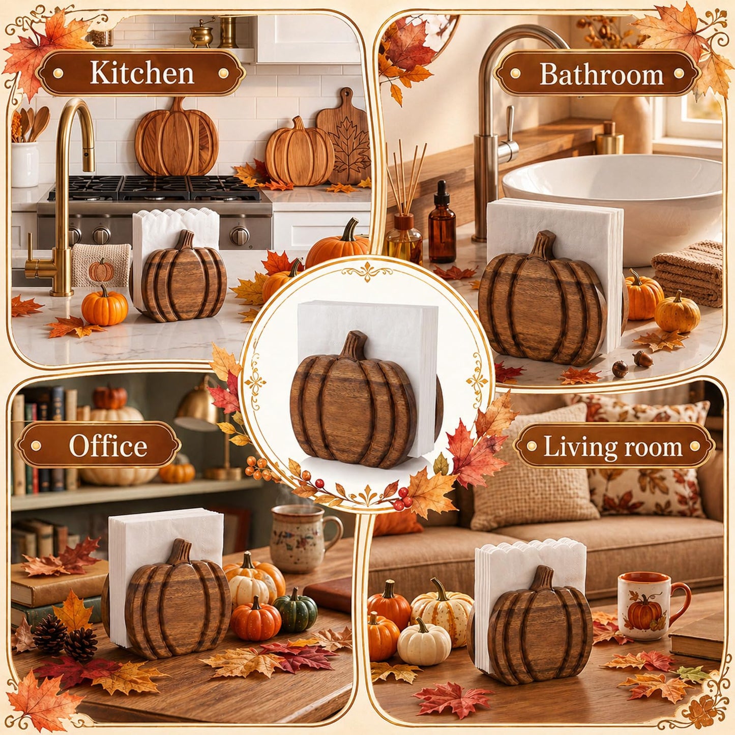 Havawish Wooden Pumpkin Napkin Holder for Table Fall Kitchen Pumpkin Decor Acacia Wood Neutral Tissue Holder Rustic Thanksgiving Centerpieces for Autumn Fall Banquet Thanksgiving Halloween Decoration