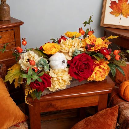 PureCosy Fall Centerpiece for Table, Handmade Realistic Silk Floral Arrangement with Peonies, Roses, Berries & Foam Pumpkins Thanksgiving Centerpiece and Autumn Harvest Table Decor for Dining Table