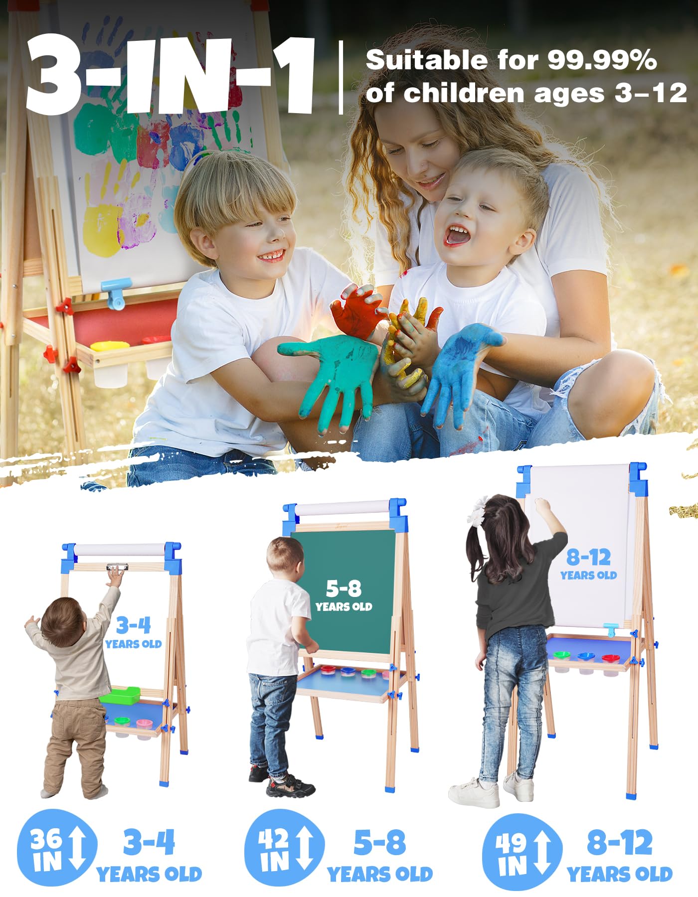 JOYOOSS Easel for Kids Art Easel Kids Easels for Toddlers,Wooden Kid Easel with Paper Roll - Adjustable Magnetic Double Sided Kids Dry Erase Board,Birthday Gifts for 1-12 Year Old Girls or Boys Blue