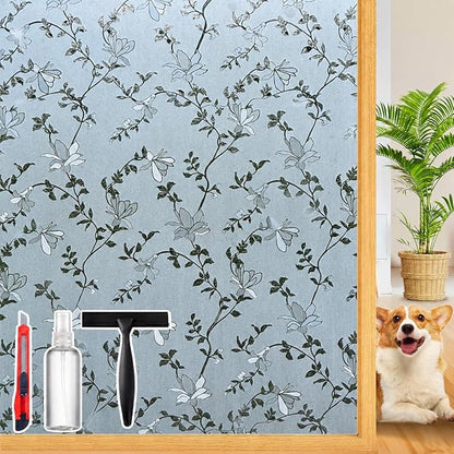 Frosted Glass Window Film with Elegant Flower Design, Bathroom Window Privacy Film for Glass Windows Cover, Static Cling, Removable, Reusable, Anti-UV, Anti-Glare, 23.6 Inch * 157.4 Inch