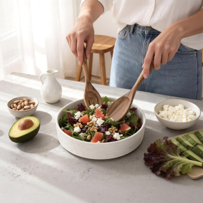 seicasaya 10 Inch Ceramic Salad Bowl with Acacia Wood Serving Spoon and Fork Set High Temperature Fired Stone Texture Large Serving Bowl for Pasta Fruit Popcorn Modern Centerpiece Bowl (White)