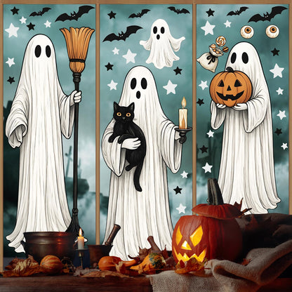 AhfuLife Large Halloween Ghost Window Clings Decorations, 12.6 x 35.4 inc, 4 Sheets Big Spooky Ghost Window Stickers Double Side Reusable Decals for Halloween Home Party Indoor Decorations