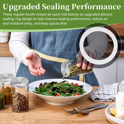 4-Pack Stainless Steel Adjustable Spice Shaker Lids for Regular Mouth Mason Jars, with 4 Bonus Silicone Sealing Rings – Dual Shaker/Pour Tops for Seasoning, Salt & Pepper Storage