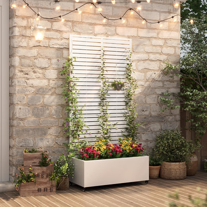 Metal Planter Box with Trellis,72"x35"x15",Privacy planters for Patio,Raised Garden Bed Trellis Outdoor Planter with Wheels and Drainage Holes,for Climbing Vegetables,Flowers,Vines,White