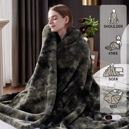 Guohaoi Heated Blanket Electric Throw, Soft Faux Rabbit Fur Electric Blanket with 10 Heating Levels 5 Sitting Timer Auto Off, Cozy Warm Heating Blankets, Machine Washable(50"×60" Beige)