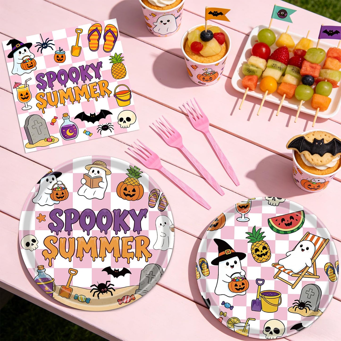 Gameza Summer Halloween Party Decorations - 96PCS Happy Summer Halloween Party Plates Napkins and Forks Disposable Tableware Set, Ghost Spooky Ween Vibes Holiday Party Supplies Decor, Serve 24
