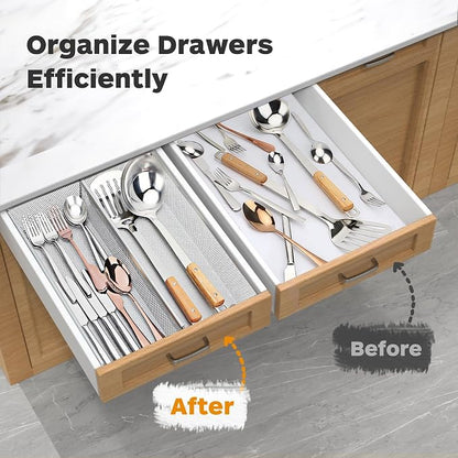 Flatware Organizer with Interlocking Arm (Grey) - 2 Pack 14.7" X 6.1" X 2" Utensil Drawer Organizer