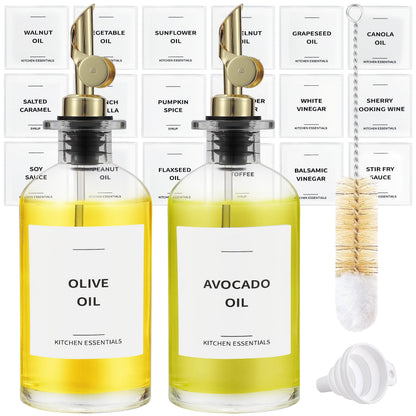 Spaceneat Olive Oil Dispenser Bottle - Includes 55 Kitchen Essential Labels - Cooking Oil Bottles for Kitchen, Coffee Syrup Dispenser - Pourer Spout with 11.8 fl oz Glass Container Cruet - 2pcs, Gold