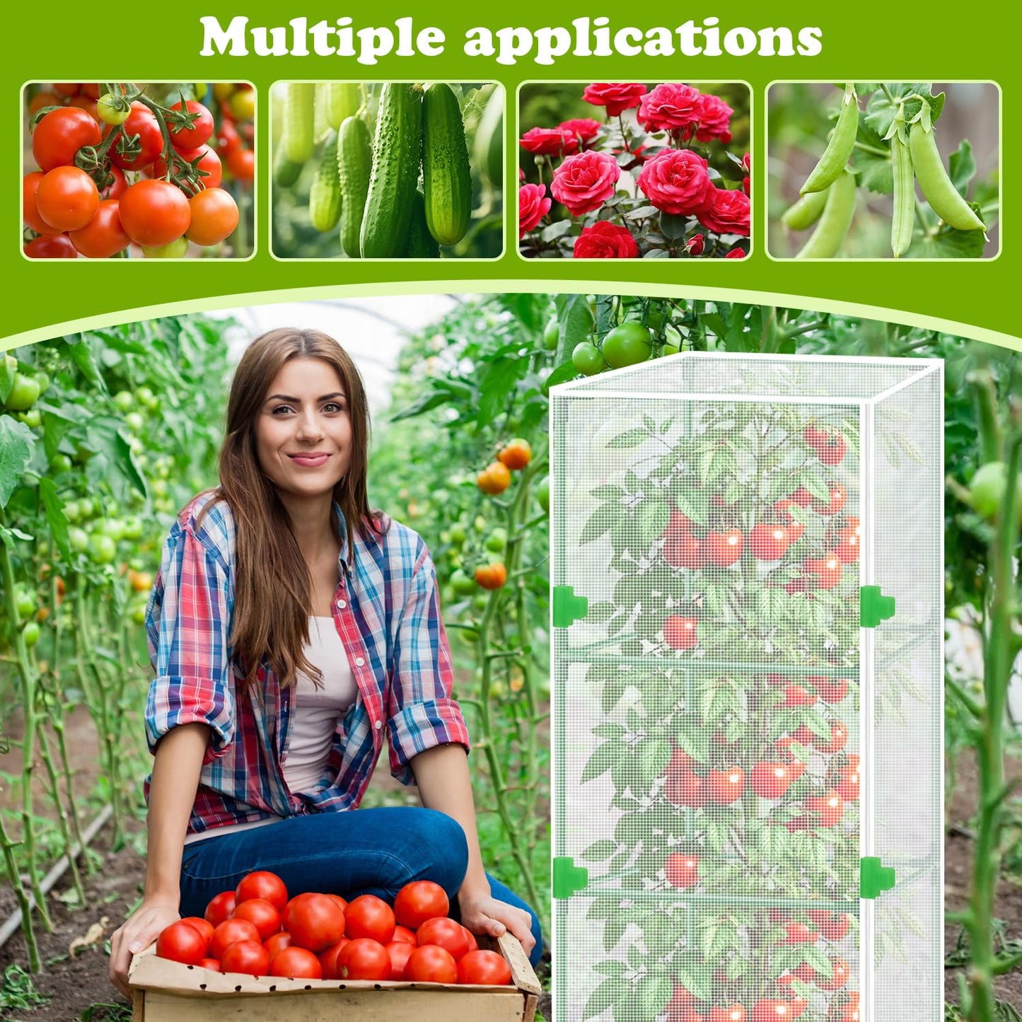 3Pack Garden Bird Netting Plant Cover for Square Tomato Cage,55.1"x15.7" Insect Bird Barrier Tomato Cage Net with Zipper&12pcs Clips,Tomato Trellis Netting Protection Mesh Cover for Protecting Plants