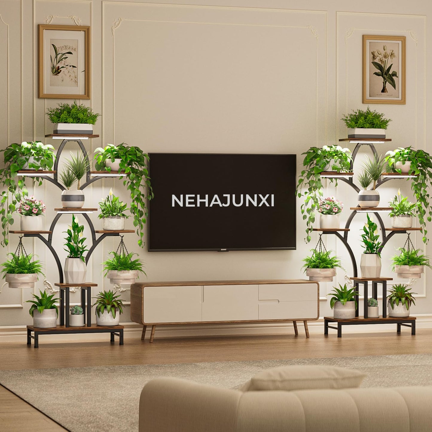 NEHAJUNXI Plant Stand Indoor with 4 Grow Lights - 63" Tall Plant Shelf- 8 Tiered Corner Plant Flower Stands Display Shelves for Home, Patio (Brown)