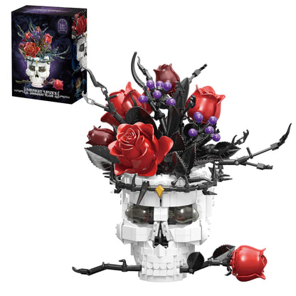 Holexapyd Gothic Skull Roses Flower Building Set for Adults, Horror Botanical Skeleton Pot Home Table Decor, Cool Unique Collectible Halloween & Valentine's Day Gifts with Box (1376 PCS)