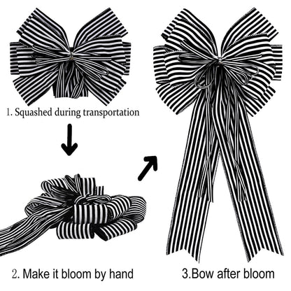 Hongsome 2 Pack Black White Stripe Halloween Fall Bows for Wreaths,12”x20”Black and White Christmas Decorations Bow for Tree Topper Gothic Spooky Holiday Birthday Party Wall Home Front Door