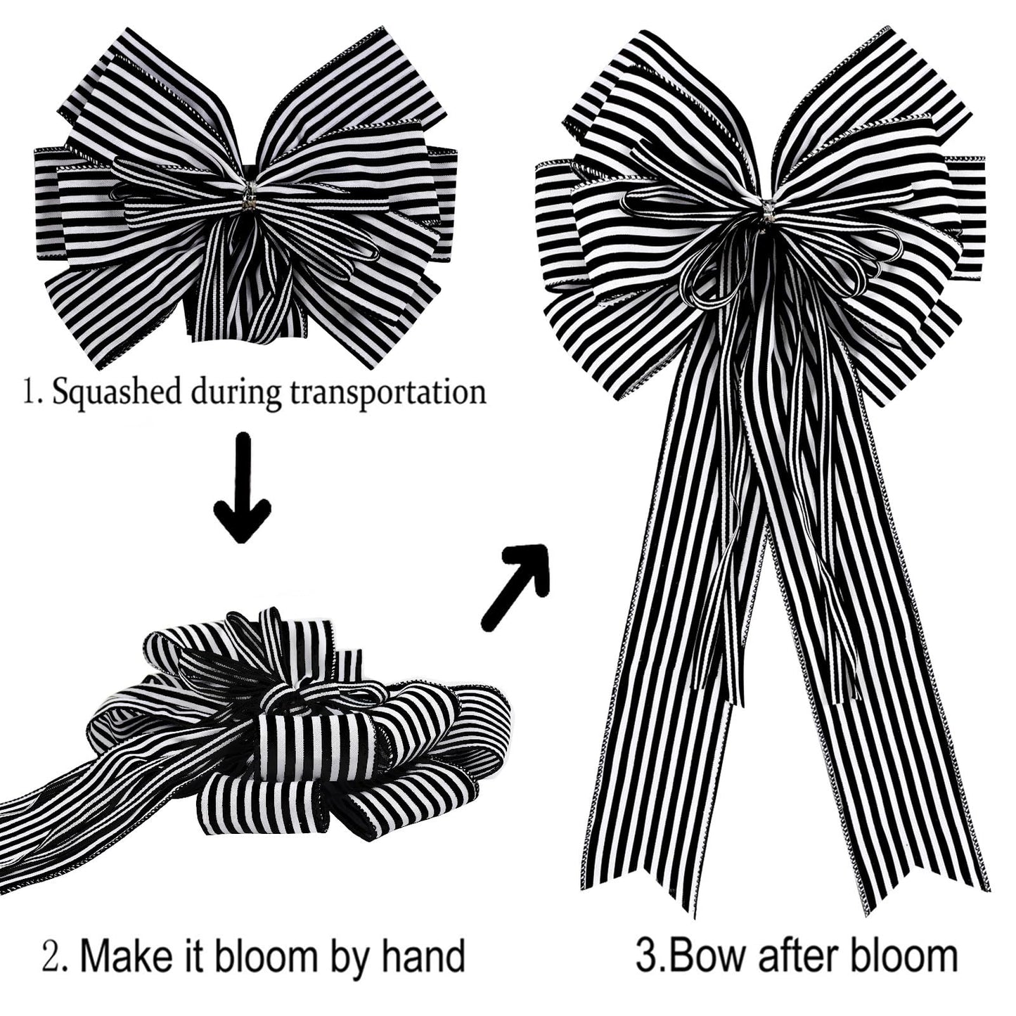 Hongsome 2 Pack Black White Stripe Halloween Fall Bows for Wreaths,12”x20”Black and White Christmas Decorations Bow for Tree Topper Gothic Spooky Holiday Birthday Party Wall Home Front Door