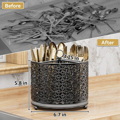 OVICAR 360° Rotating Utensil Holder Caddy - Fast-Drying Silverware Flatware Organizer - 4 Compartment Large Cutlery Holder with Handle For Kitchen Countertop Party Office Picnic Table Black