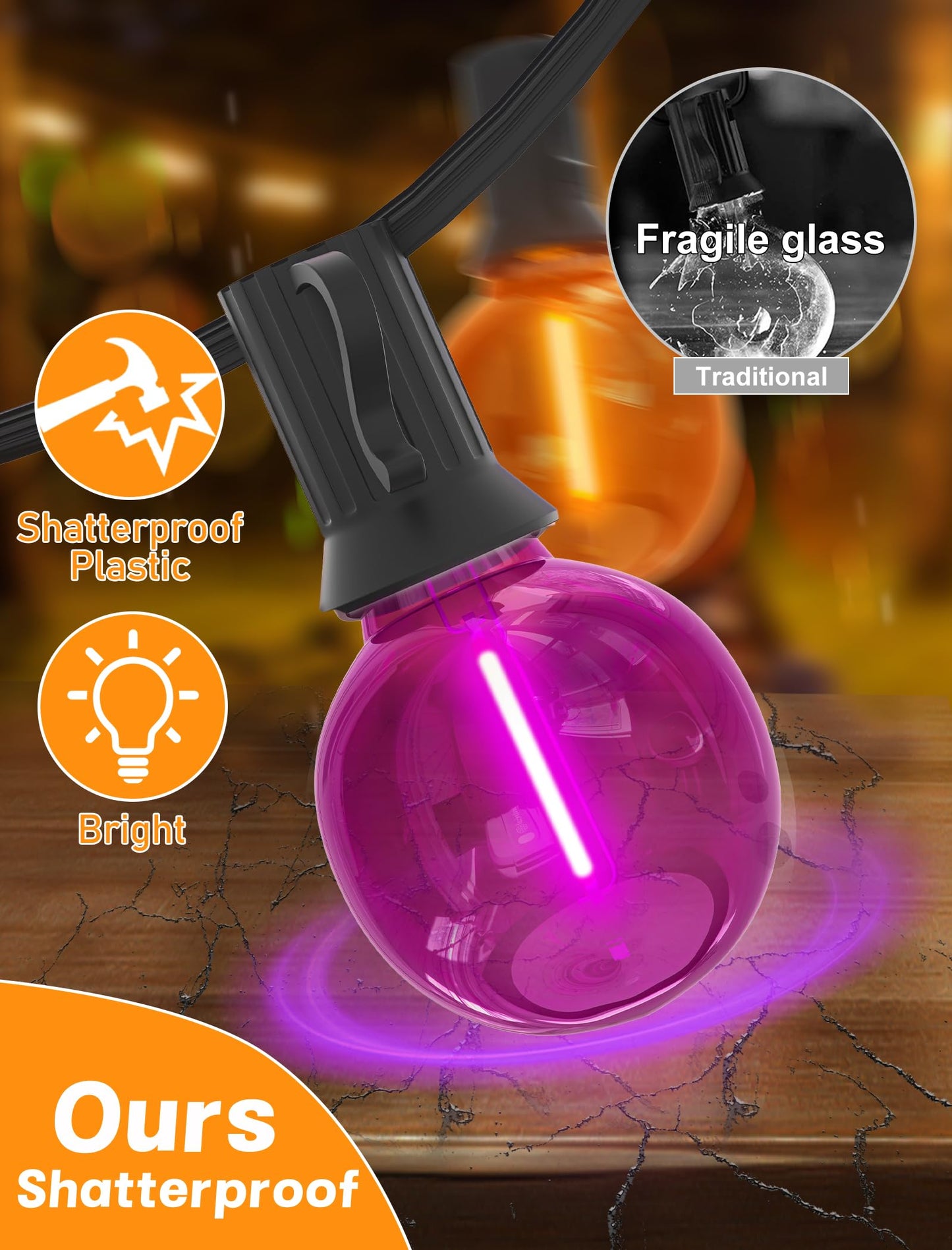 SUNSGNE G40 LED Outdoor Halloween String Lights 25FT Globe String Lights with 27 LED Shatterproof Clear Orange Purple Lights(2 Spare) for Patio Balcony Backyard Pergola Decor