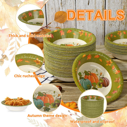 Whaline 100 Pcs Fall Paper Bowls Pumpkin Maple Leaves Treat Snack Cups Watercolor Ice Cream Bowl for Autumn Thanksgiving Food Party Supplies